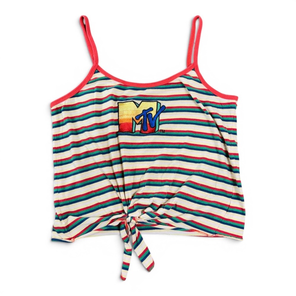 MTV Tie Front Tank Top Juniors XL 15/17 Rainbow Striped Y2K 80s Style Logo Retro